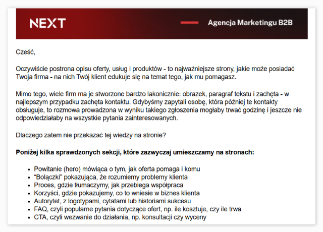 Fragment maila który otrzymuje odbiorca kilka dni po pobraniu e-booka. Newsletter nawiązuje do tematu który pierwotnie zainteresował odbiorcę