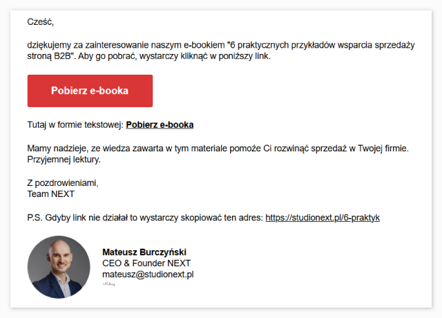 Fragment newslettera powitalnego po pobraniu e-booka.