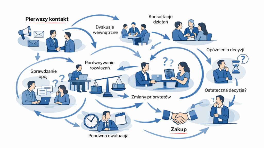 Schemat nieliniowego procesu zakupu B2B pokazujący powroty do wcześniejszych etapów, porównywanie opcji i opóźnienia decyzyjne.